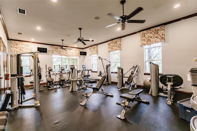 gym featuring ceiling fan, crown molding, and a wealth of natural light