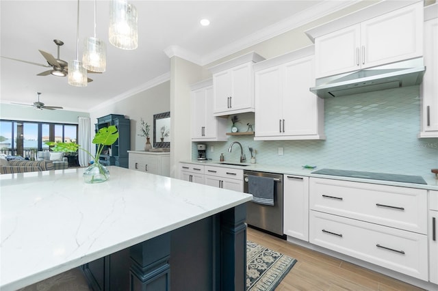 kitchen featuring white cabinetry, decorative light fixtures, stainless steel dishwasher, and crown molding