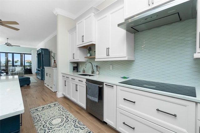 kitchen with stainless steel dishwasher, sink, black electric stovetop, and white cabinets