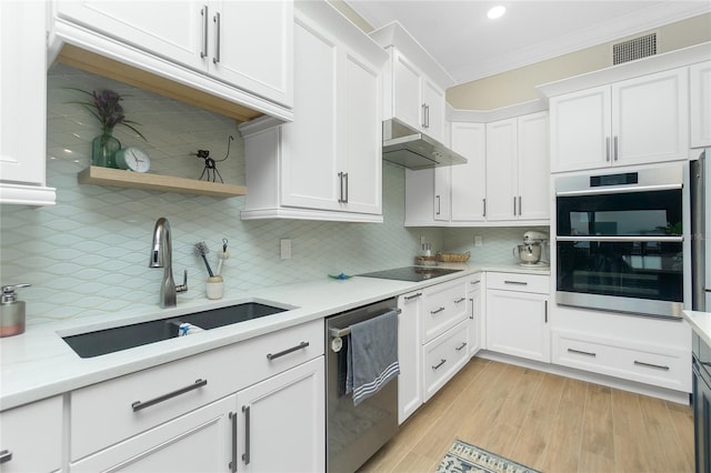 kitchen with dishwasher, sink, white cabinets, ornamental molding, and black electric stovetop