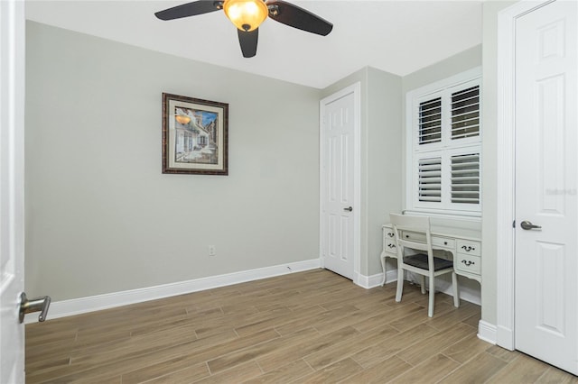 bedroom featuring ceiling fan and light hardwood / wood-style floors