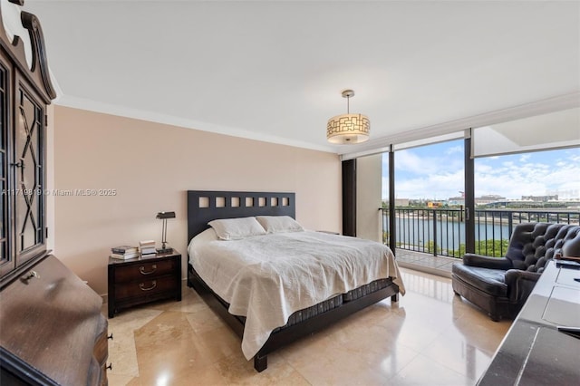 tiled bedroom featuring expansive windows, a water view, ornamental molding, and access to outside