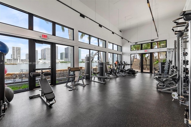 workout area featuring a high ceiling and a water view