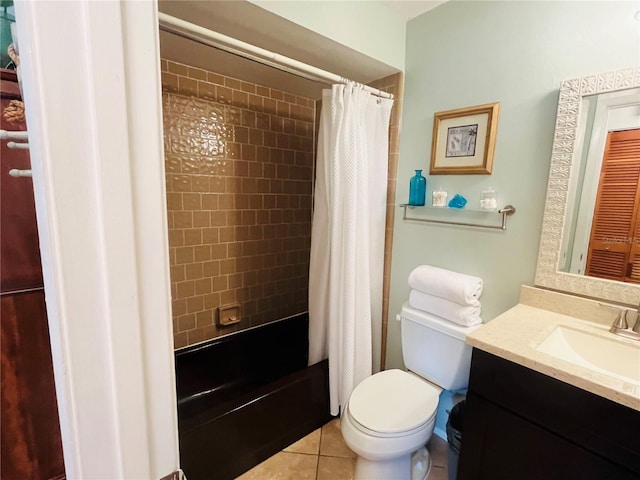 full bathroom featuring toilet, tile patterned flooring, shower / bathtub combination with curtain, and vanity