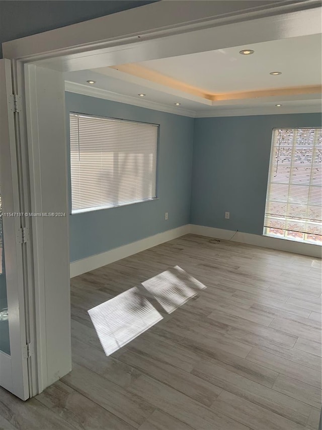 empty room with light hardwood / wood-style floors and a raised ceiling