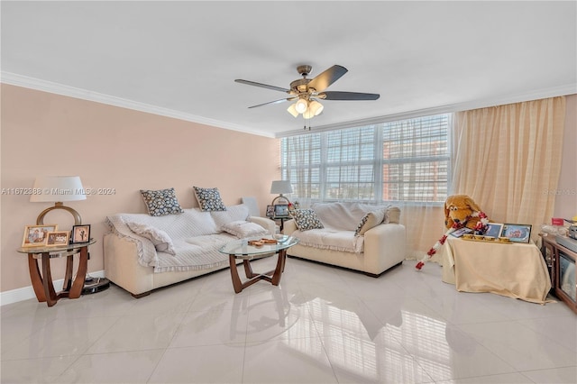 tiled living room featuring ceiling fan, floor to ceiling windows, and crown molding