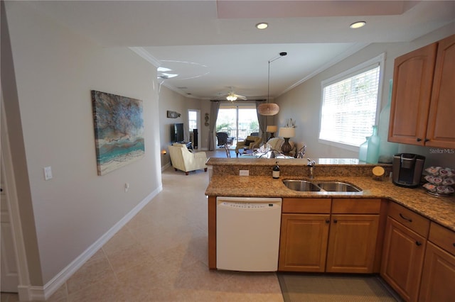 kitchen featuring kitchen peninsula, white dishwasher, ceiling fan, and sink