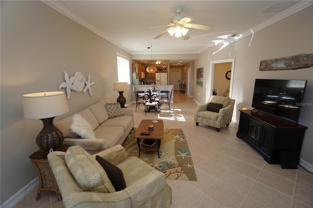 tiled living room featuring ceiling fan and ornamental molding