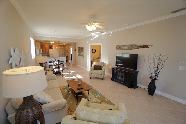 living room featuring crown molding, ceiling fan, and light tile patterned floors