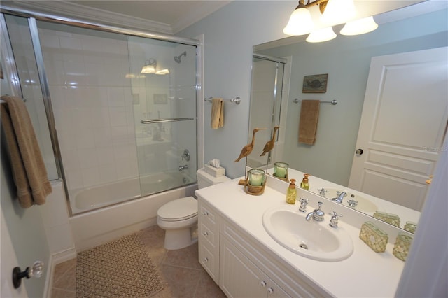 full bathroom featuring tile patterned flooring, enclosed tub / shower combo, toilet, vanity, and ornamental molding