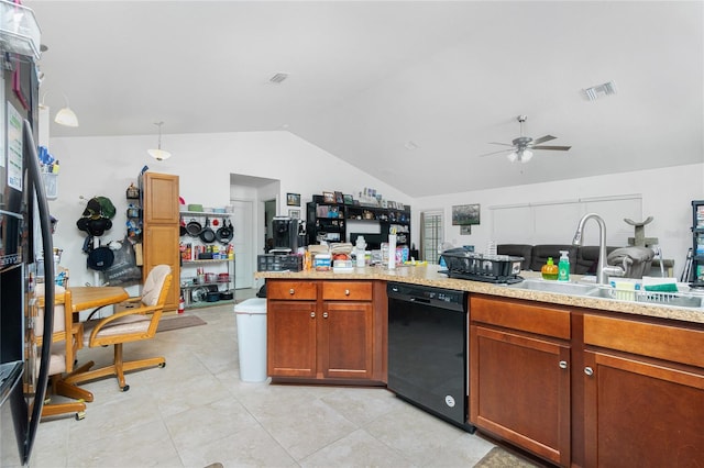 kitchen with dishwasher, ceiling fan, light tile patterned flooring, vaulted ceiling, and sink