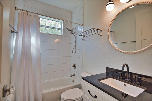 full bathroom with shower / bath combo with shower curtain, vanity, and toilet