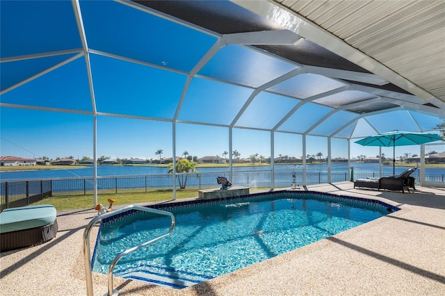 view of swimming pool featuring a lanai, a water view, a patio, and a lawn