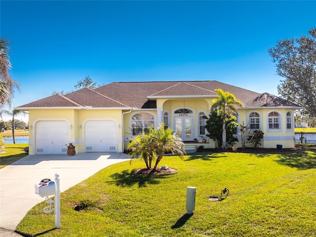 view of front of house featuring a front lawn, a garage, and french doors