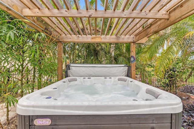 view of patio featuring a hot tub