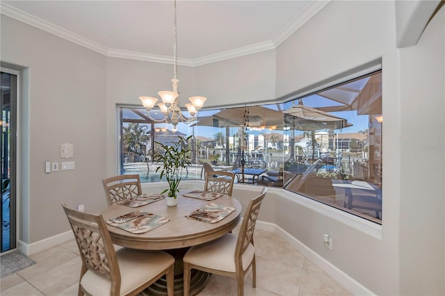 dining space with crown molding, an inviting chandelier, and light tile patterned floors