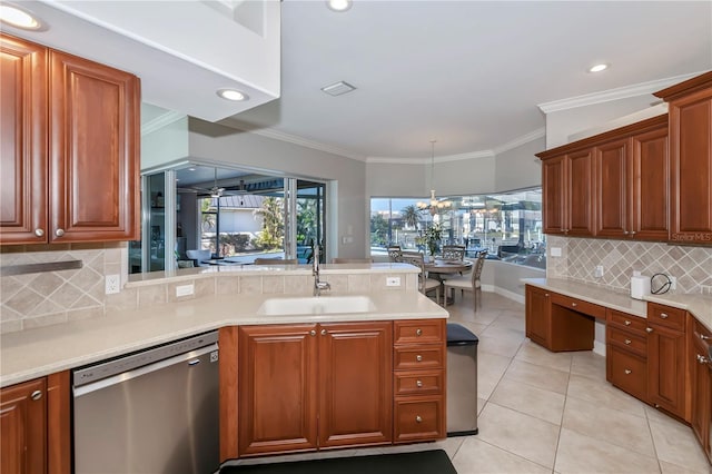 kitchen featuring stainless steel dishwasher, crown molding, light tile patterned floors, and sink