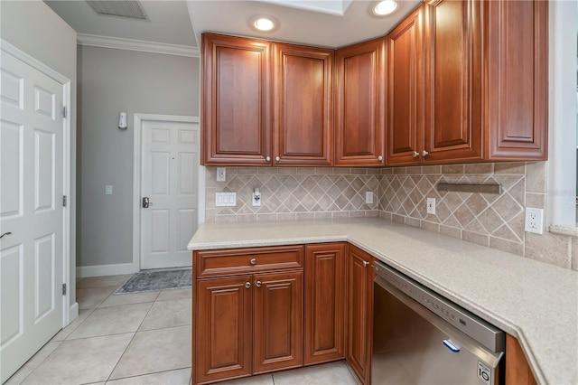 kitchen with stainless steel dishwasher, light tile patterned flooring, decorative backsplash, and ornamental molding