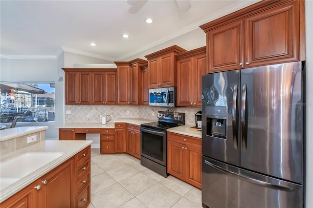 kitchen featuring stainless steel appliances, light tile patterned flooring, ceiling fan, ornamental molding, and backsplash