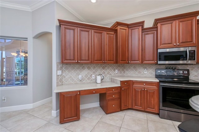 kitchen featuring appliances with stainless steel finishes, crown molding, backsplash, and light tile patterned flooring