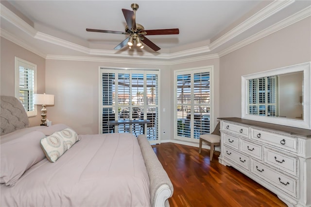 bedroom featuring a raised ceiling, ceiling fan, multiple windows, and dark hardwood / wood-style floors