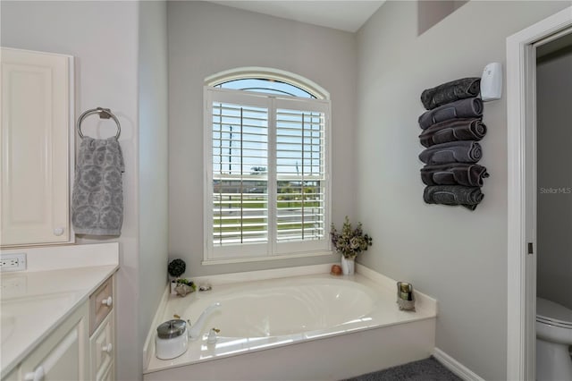 bathroom with toilet, vanity, and a washtub