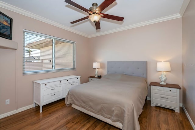 bedroom with ceiling fan, dark hardwood / wood-style flooring, and ornamental molding