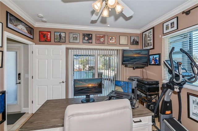 office with ceiling fan and crown molding