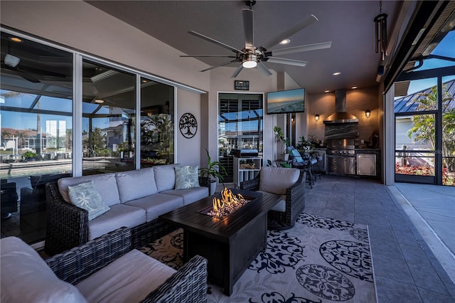 interior space featuring tile patterned flooring and ceiling fan