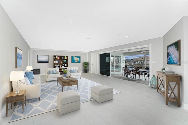 living room featuring ceiling fan