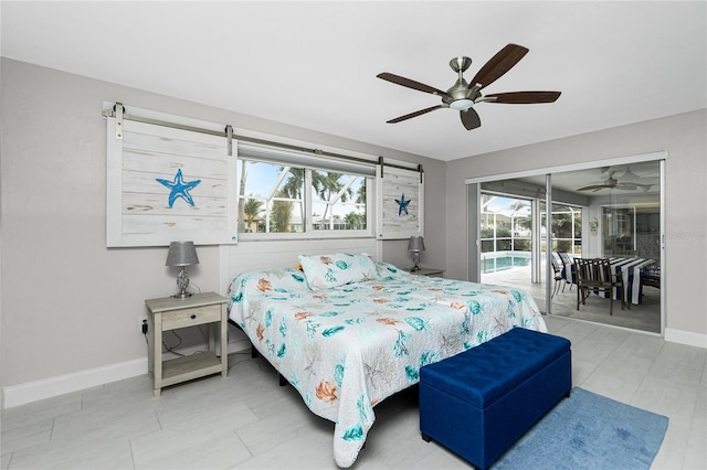 bedroom with access to exterior and ceiling fan