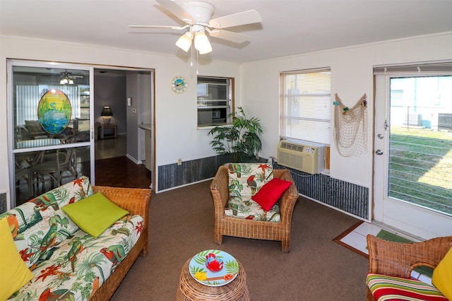 living room featuring cooling unit and dark carpet