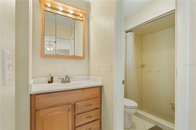 bathroom featuring a shower with curtain, vanity, crown molding, tile patterned flooring, and toilet