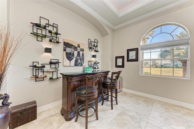 bar with crown molding and a wealth of natural light