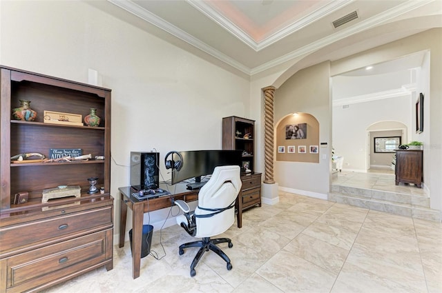 home office featuring crown molding