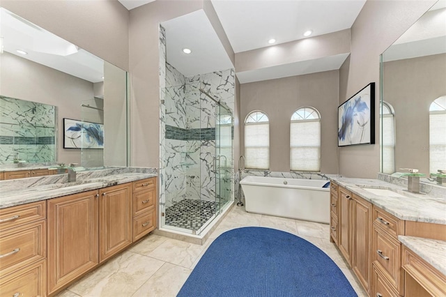 bathroom featuring vanity and plus walk in shower