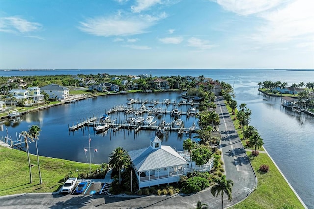 drone / aerial view with a water view