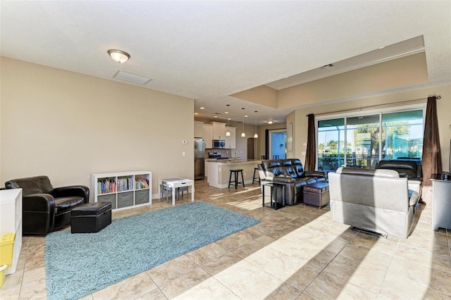 living room featuring a raised ceiling