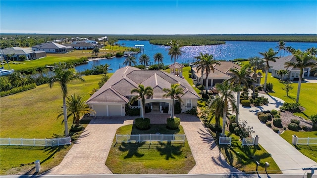 aerial view featuring a water view