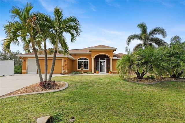 mediterranean / spanish-style house featuring a garage and a front lawn