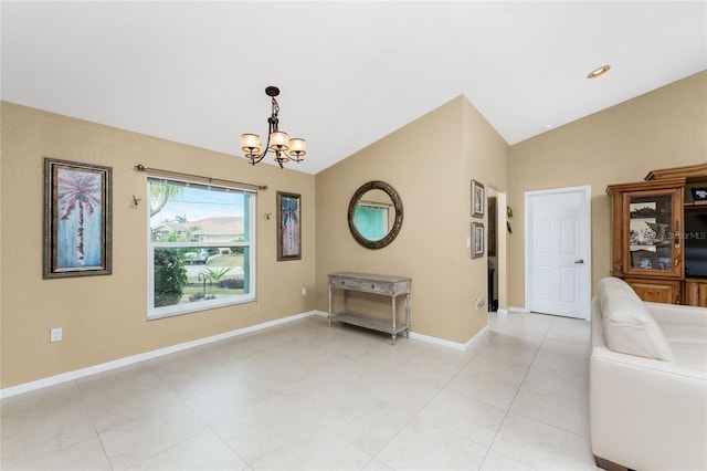 interior space with a chandelier, vaulted ceiling, and light tile patterned flooring