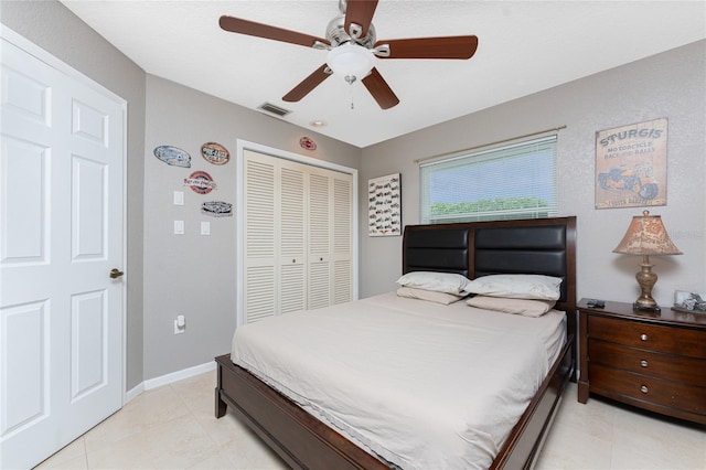 bedroom with ceiling fan and a closet