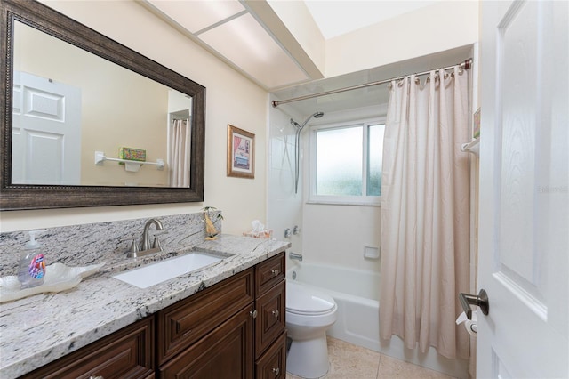 full bathroom with tile patterned floors, vanity, shower / bath combo, and toilet