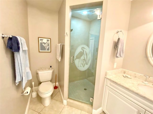 bathroom featuring tile patterned floors, toilet, a shower stall, baseboards, and vanity