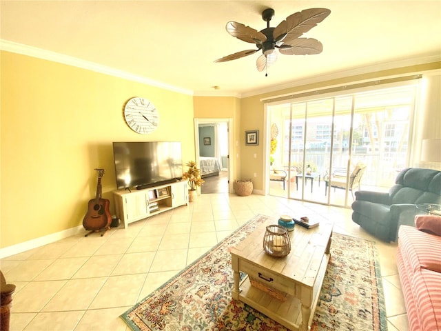 tiled living room featuring crown molding and ceiling fan