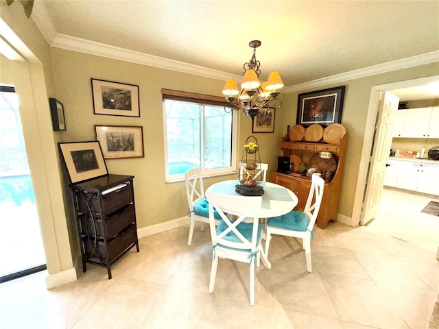 dining space with a notable chandelier, ornamental molding, and light tile patterned floors