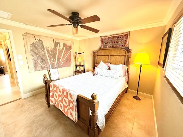 bedroom featuring ceiling fan and crown molding