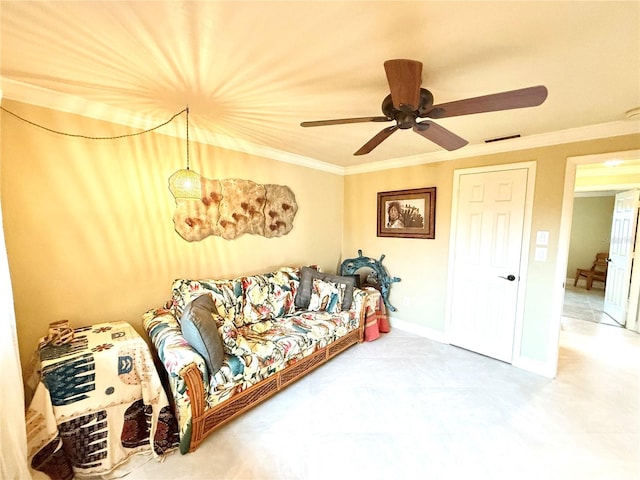 living room with ceiling fan and ornamental molding