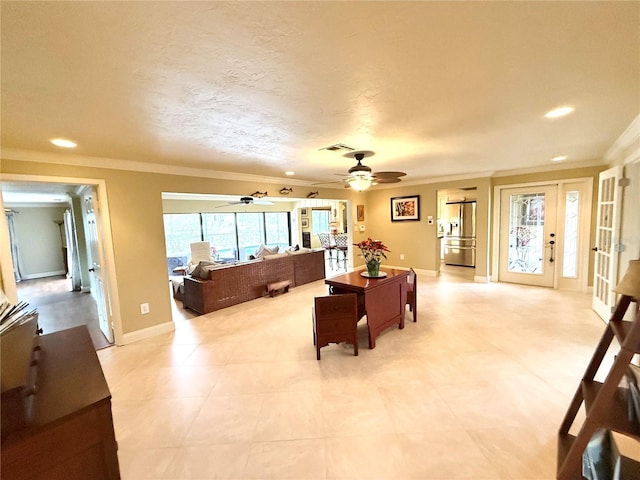 living room with french doors, a textured ceiling, ceiling fan, and ornamental molding