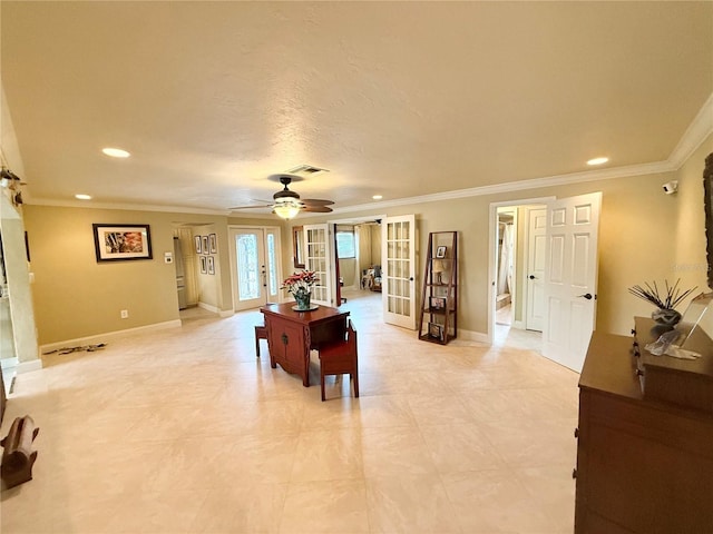 interior space with french doors, a textured ceiling, ceiling fan, and ornamental molding